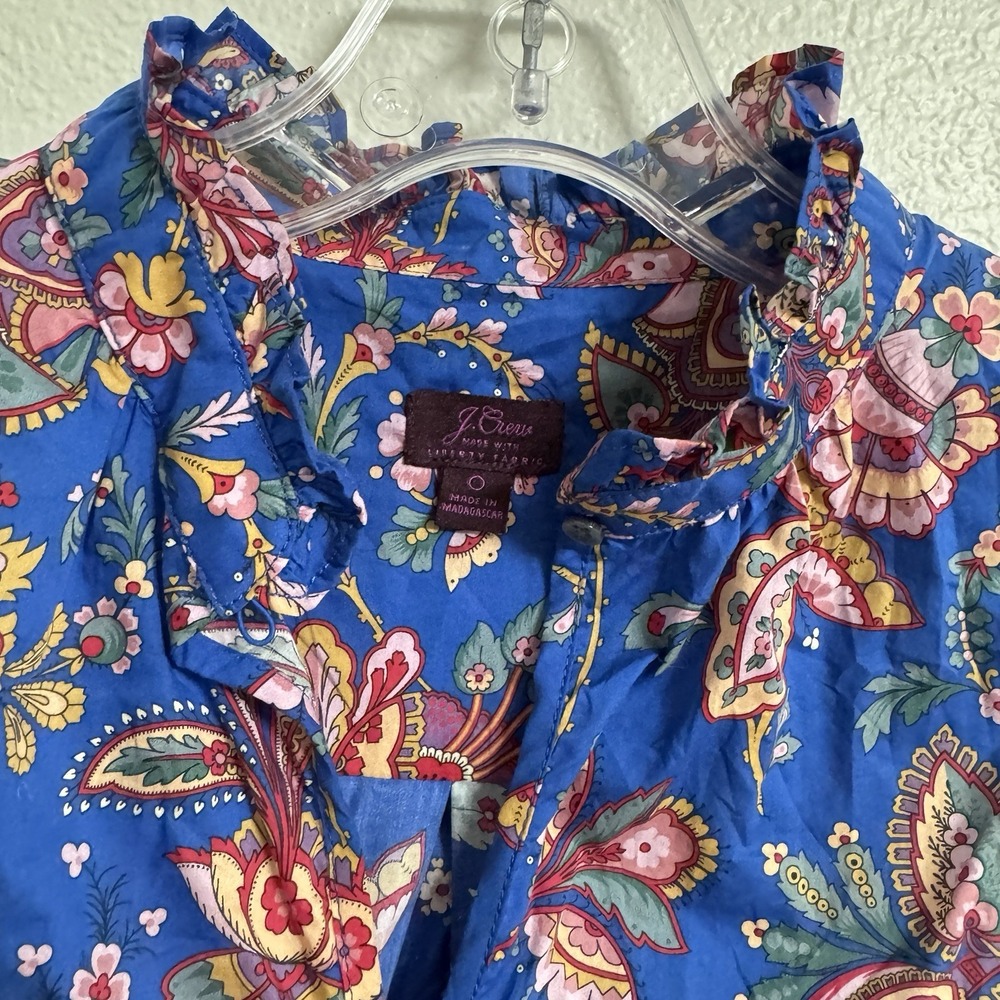 J Crew Liberty Print Top Womens 0 Blue‎ Floral Sleeveless Ruffle Neck - Picture 3 of 10